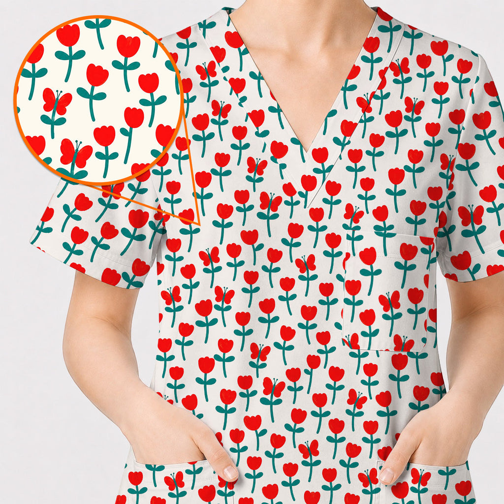 Playful Tulip Scrub Top, Colorful Tulip Butterfly Nurse Scrubs Uniform, Spring Floral Gift For Nurses