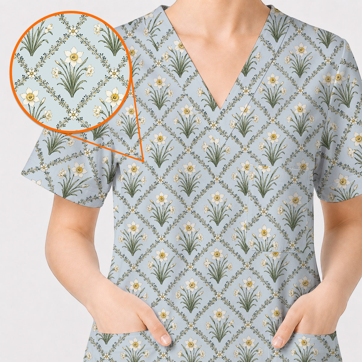 Elegant Daffodil Scrub Top, Vintage Daffodil Floral Nurse Scrubs Uniform, Spring Flower Gift For Nurses (Copy)
