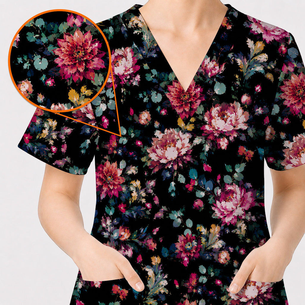 Dark Floral Scrub Top, Vintage Peony Nurse Shirt, Elegant Botanical Healthcare Uniform