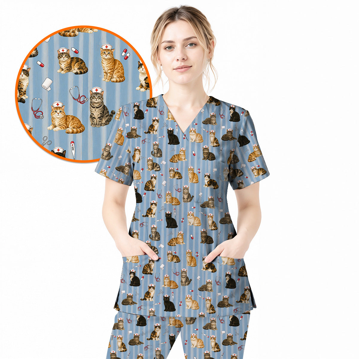 Nurse Cat Scrub Top, Cat Lover Medical Nurse Uniform for Veterinary & Healthcare Workers, Comfortable Feline Nursing Scrubs