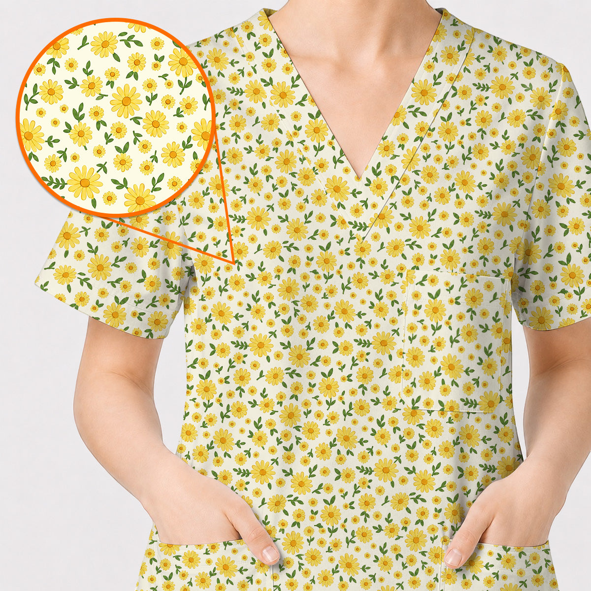 Yellow Daisy Garden Scrub Top, Cheerful Daisy Floral Print Scrubs, Spring Nurse Medical Uniform