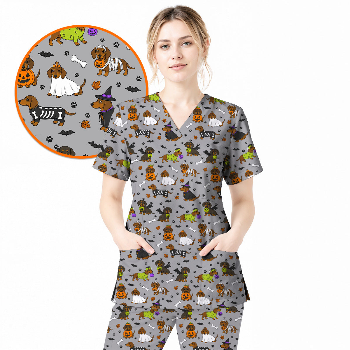 Halloween Dachshund Scrub Top, Cute Dachshund Nurse Scrubs for Dog Lovers, Funny Wiener Dog Medical Uniform
