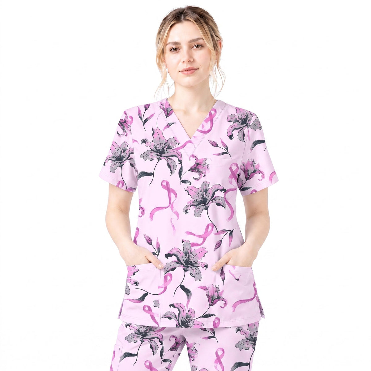 Breast Cancer Awareness Scrub Top for Women, Pink Ribbon Lily Floral Nursing Uniform, Support Breast Cancer Warrior Gift