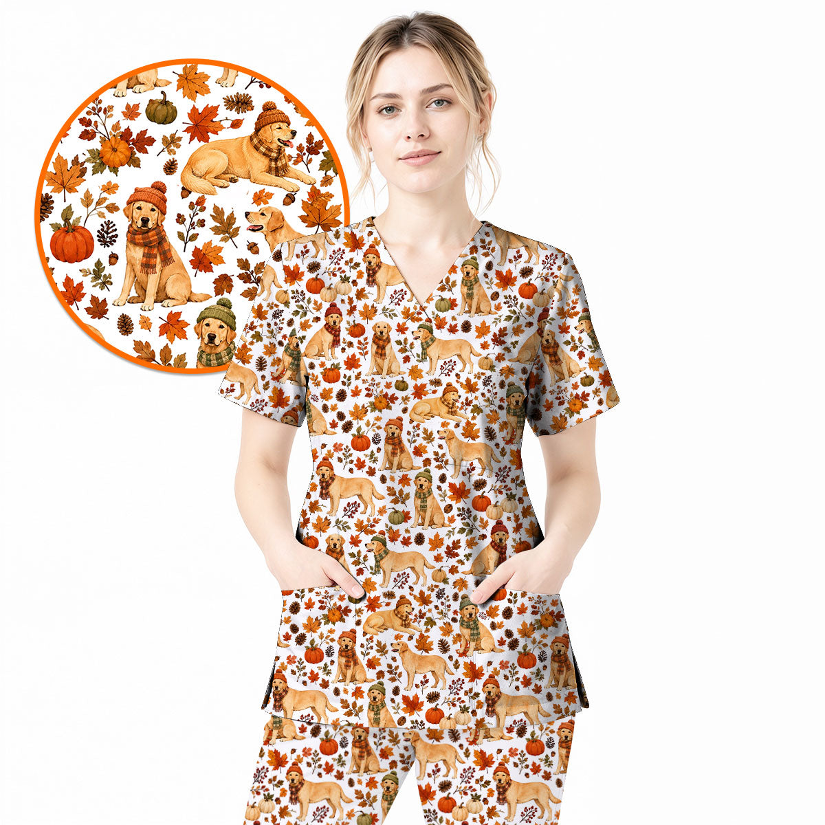 Labrador Retriever Nurse Scrub Top, Funny Autumn Lab Dog Medical Scrubs for Veterinary & Healthcare Staff, Breathable Fabrics Nursing Uniform