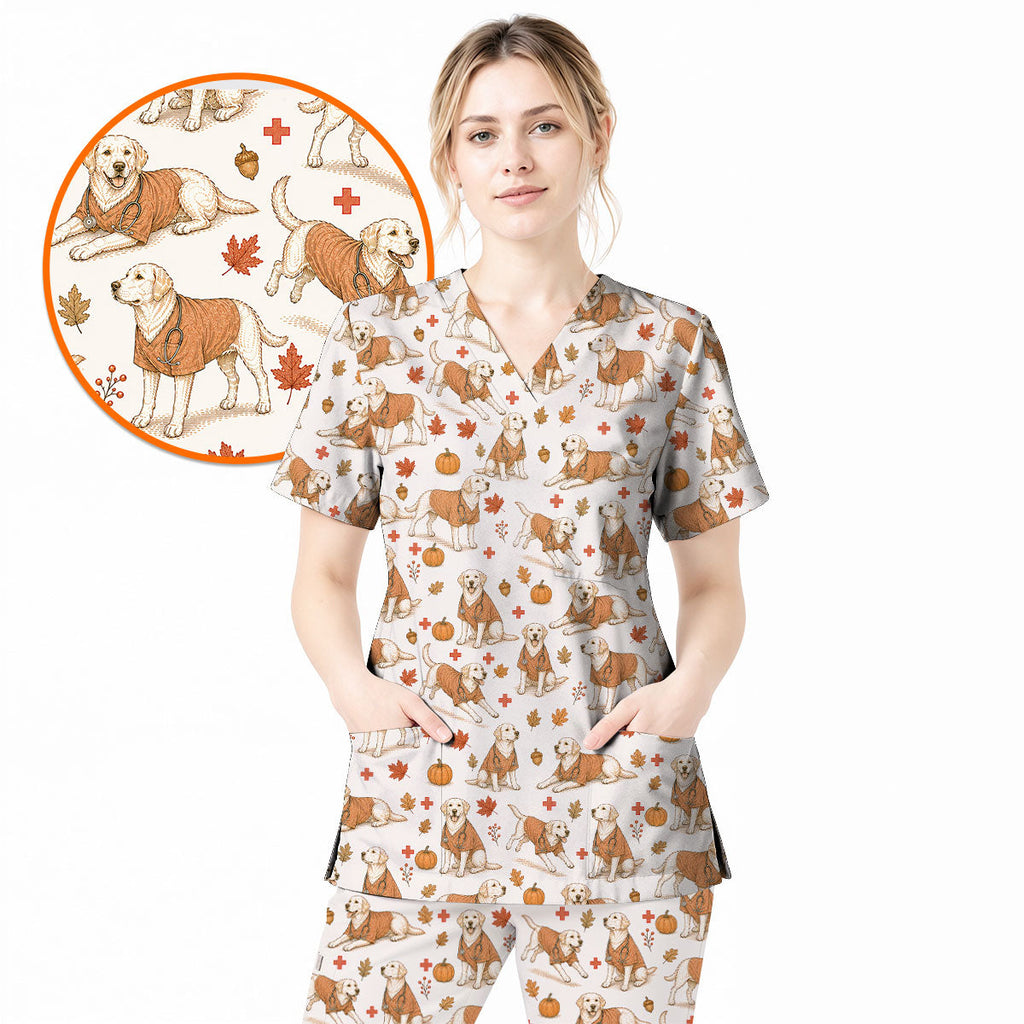 Fall Dachshund Scrub Top, Autumn Wiener Dog Nurse Uniform for Veterinary Professionals, Breathable Fabrics Nursing Scrubs for Dog Lovers (Copy)