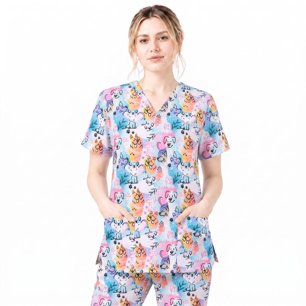 Cute Dog Pattern Scrub Top for Women, Colorful Cartoon Dogs Nursing Uniform, Funny Puppy Print Medical Scrub Shirt, Breathable Veterinary & Nurse Scrubs Gift