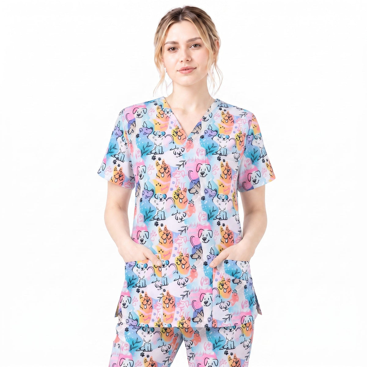 Cute Dog Pattern Scrub Top for Women, Colorful Cartoon Dogs Nursing Uniform, Funny Puppy Print Medical Scrub Shirt, Breathable Veterinary & Nurse Scrubs Gift