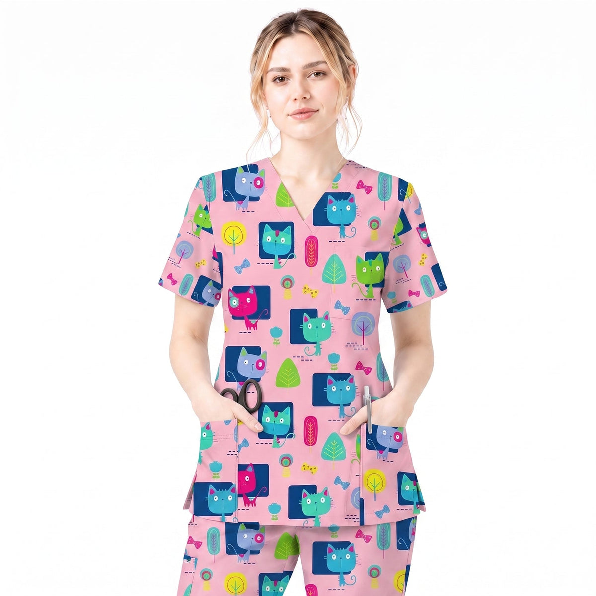 Cute Cat Pattern Scrub Top for Women, Colorful Cartoon Cats Nursing Uniform, Funny Cat Nurse Scrub Shirt, Breathable Medical Scrubs for RN LPN CNA