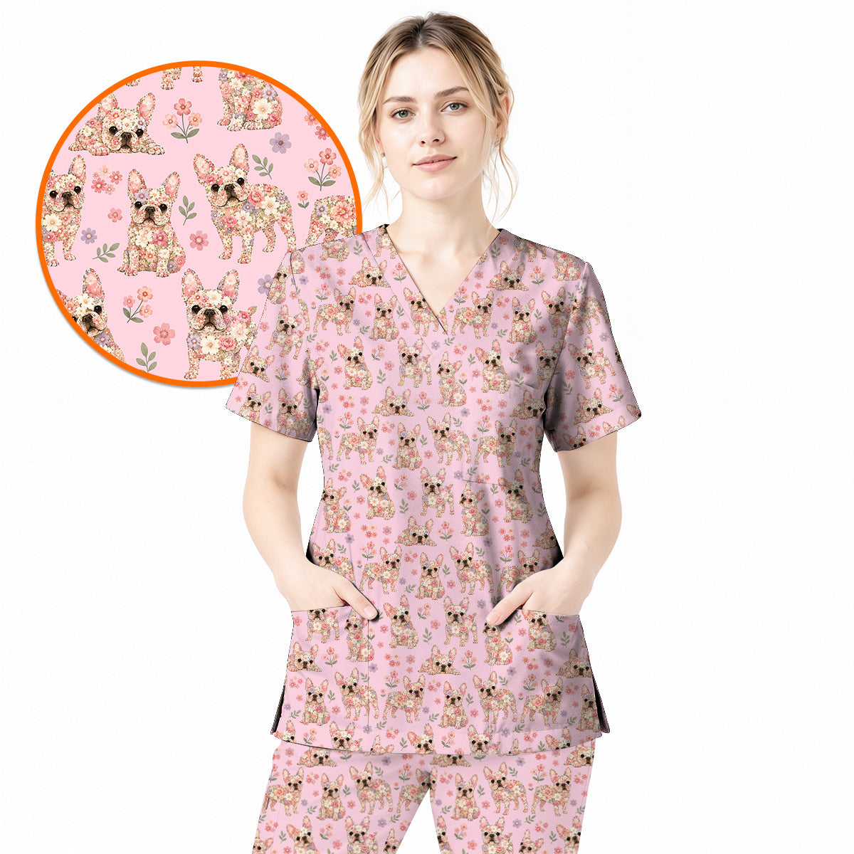 Floral French Bulldog Nurse Scrub Top, Cute Frenchie Flower Pattern Scrubs for Nurses, Dog Lover Healthcare Gift