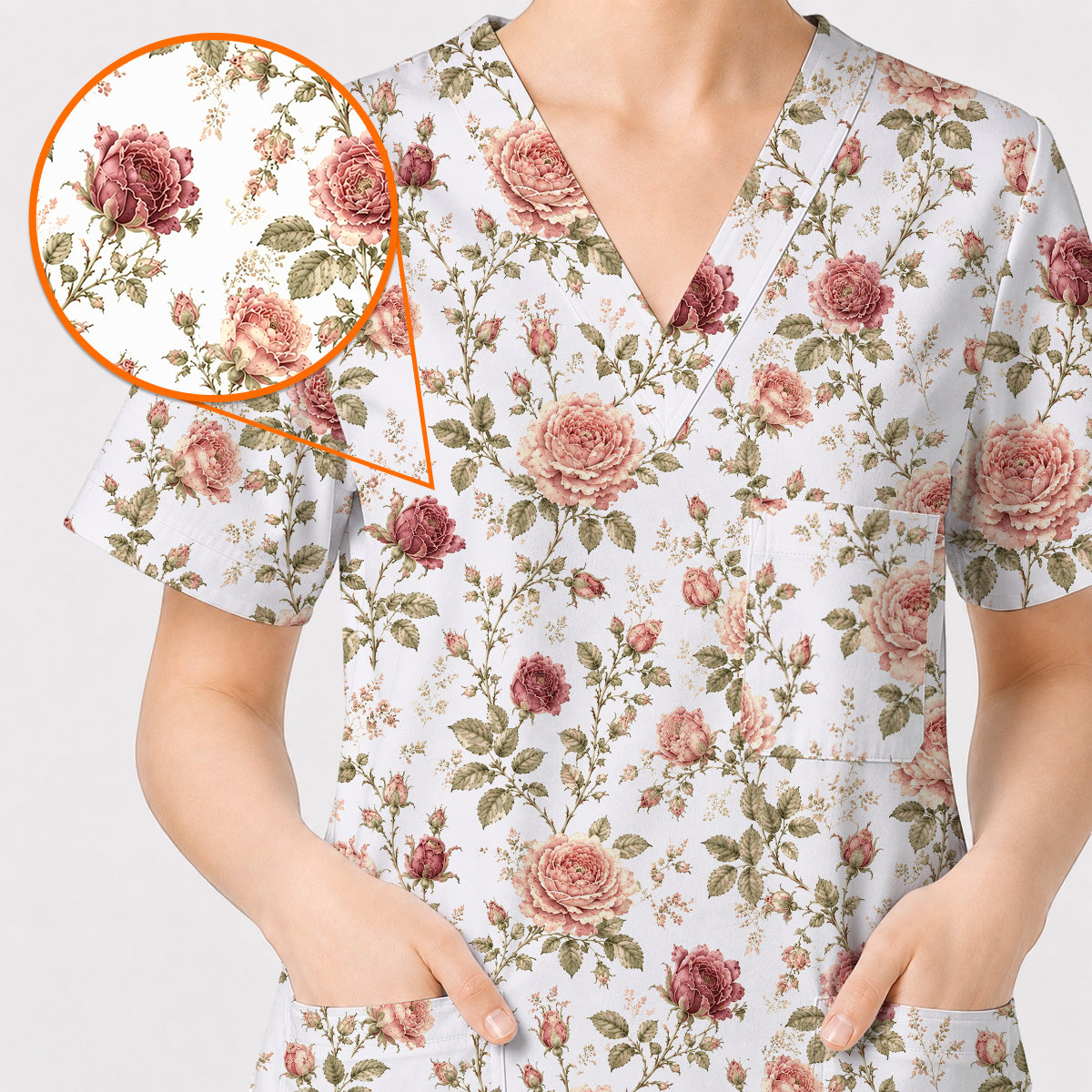 Vintage Rose Scrub Top, Romantic Rose Floral Nurse Scrubs Uniform, Cottagecore Flower Gift For Nurses