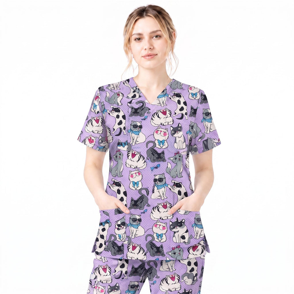 Funny Cat Scrub Top, Cute Cats Scrub Top for Women, Cute Animal Scrubs Gift for Nurse, CNA, RN, Doctor
