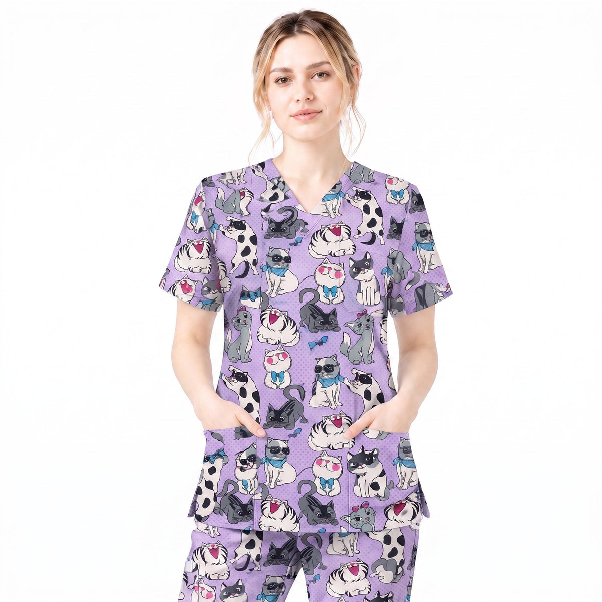 Funny Cat Scrub Top, Cute Cats Scrub Top for Women, Cute Animal Scrubs Gift for Nurse, CNA, RN, Doctor