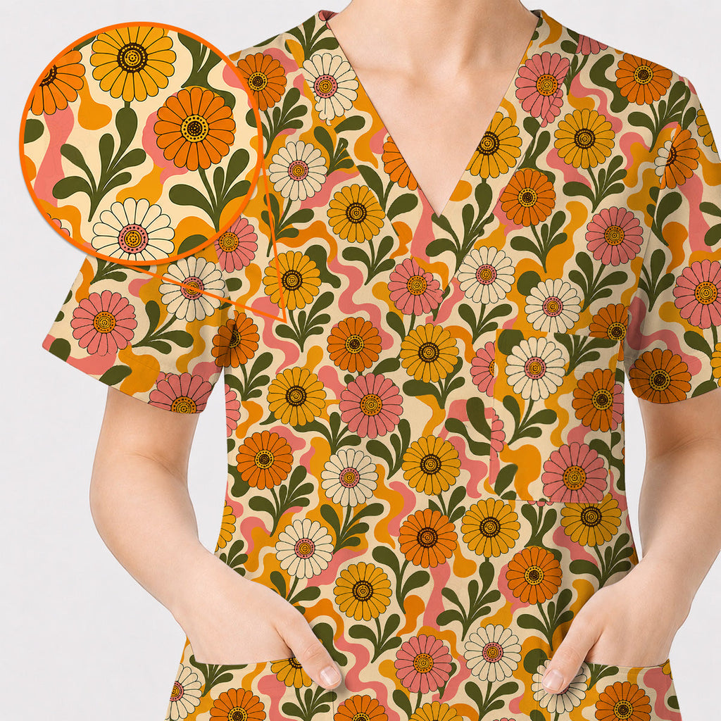 Retro Gerbera Floral Scrub Top, Groovy Gerbera Flower Print Scrubs, Vintage Nurse Medical Uniform