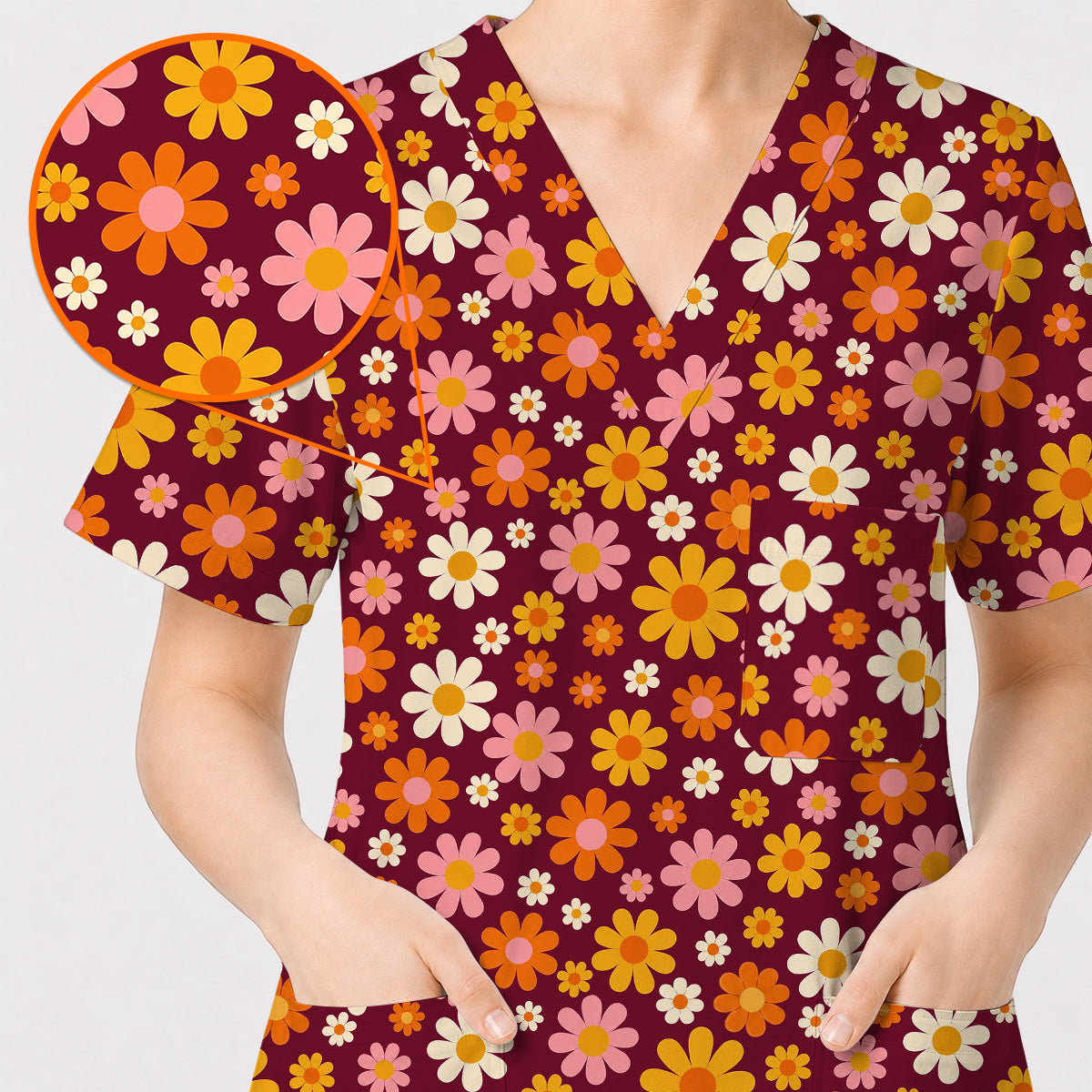 Retro Daisy Scrub Top, Colorful Daisy Floral Nurse Scrubs Uniform, Groovy Flower Gift For Nurses