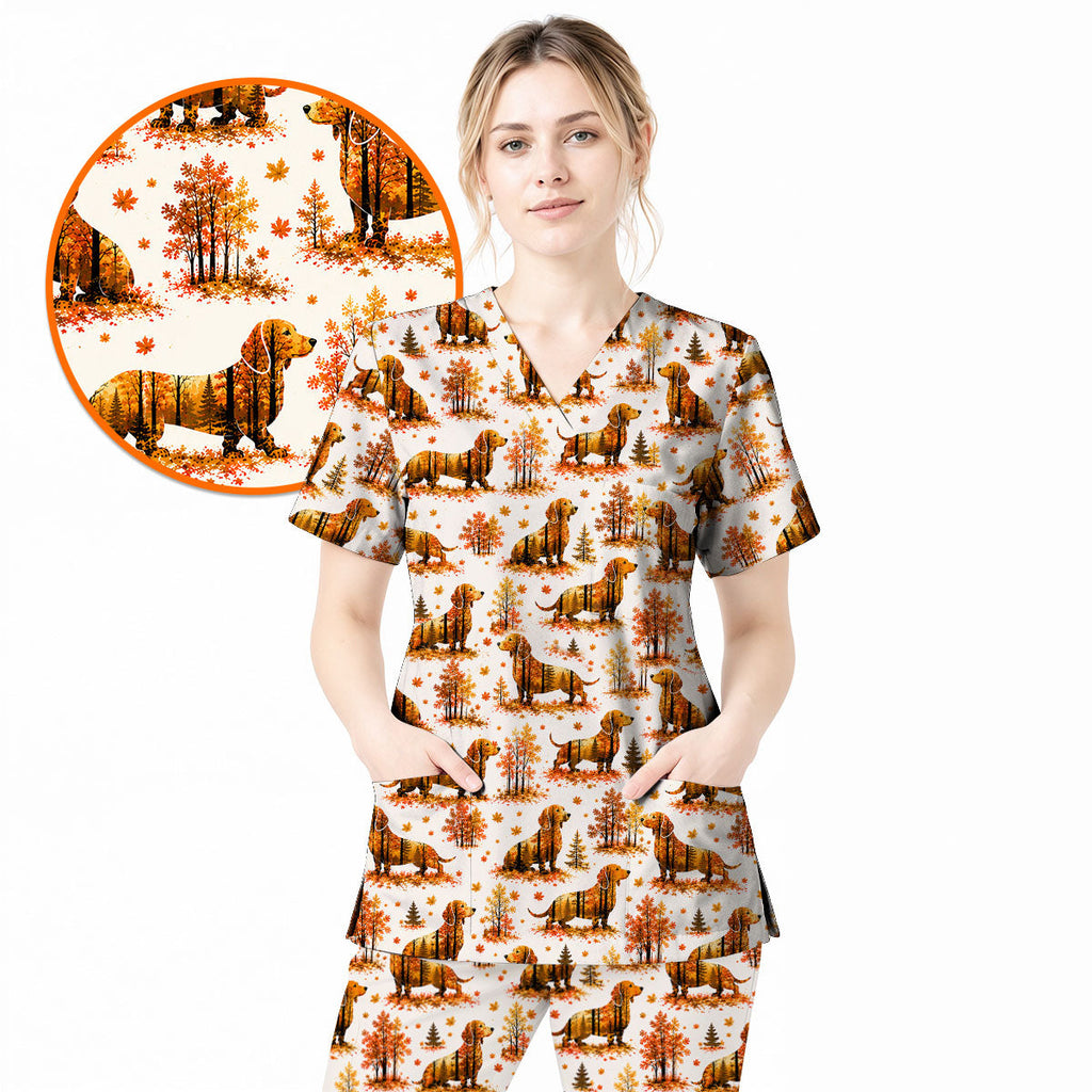 Autumn Dachshund Scrub Top, Fall Wiener Dog Nursing Uniform for Healthcare Workers, Cute Dachshund Nurse Scrubs for Dog Lovers