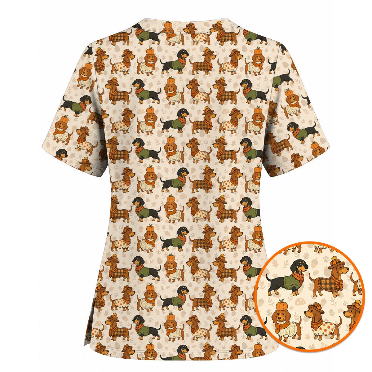 Autumn Dachshund Scrub Top, Cute Fall Wiener Dog Nursing Scrubs for Dog Lovers, Breathable Fabrics Nursing Uniform