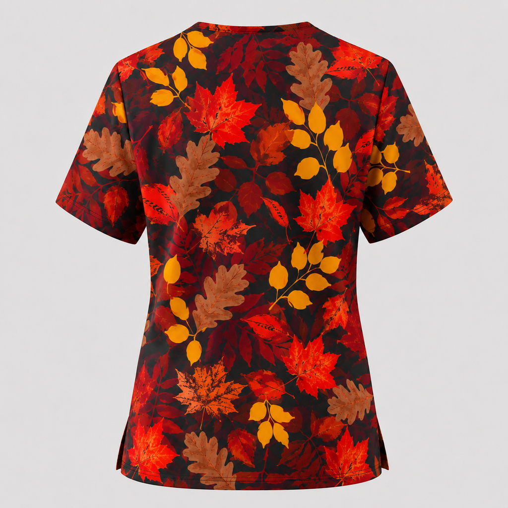 Autumn Leaves Scrub Top for Women, Fall Floral Nursing Uniform, Breathable Autumn Medical Scrub Shirt