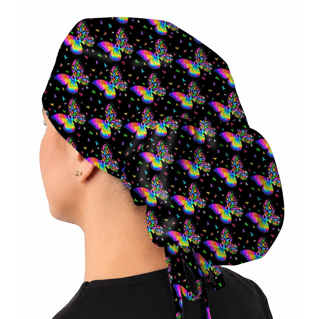 Cancer Awareness Butterfly Pattern Scrub Caps, Colorful Ribbon Nurse Scrubs, Healthcare Worker Awareness Scrub Cap
