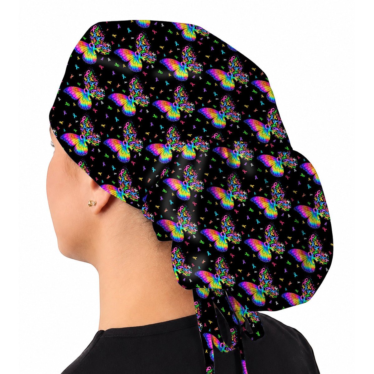 Cancer Awareness Butterfly Pattern Scrub Caps, Colorful Ribbon Nurse Scrubs, Healthcare Worker Awareness Scrub Cap