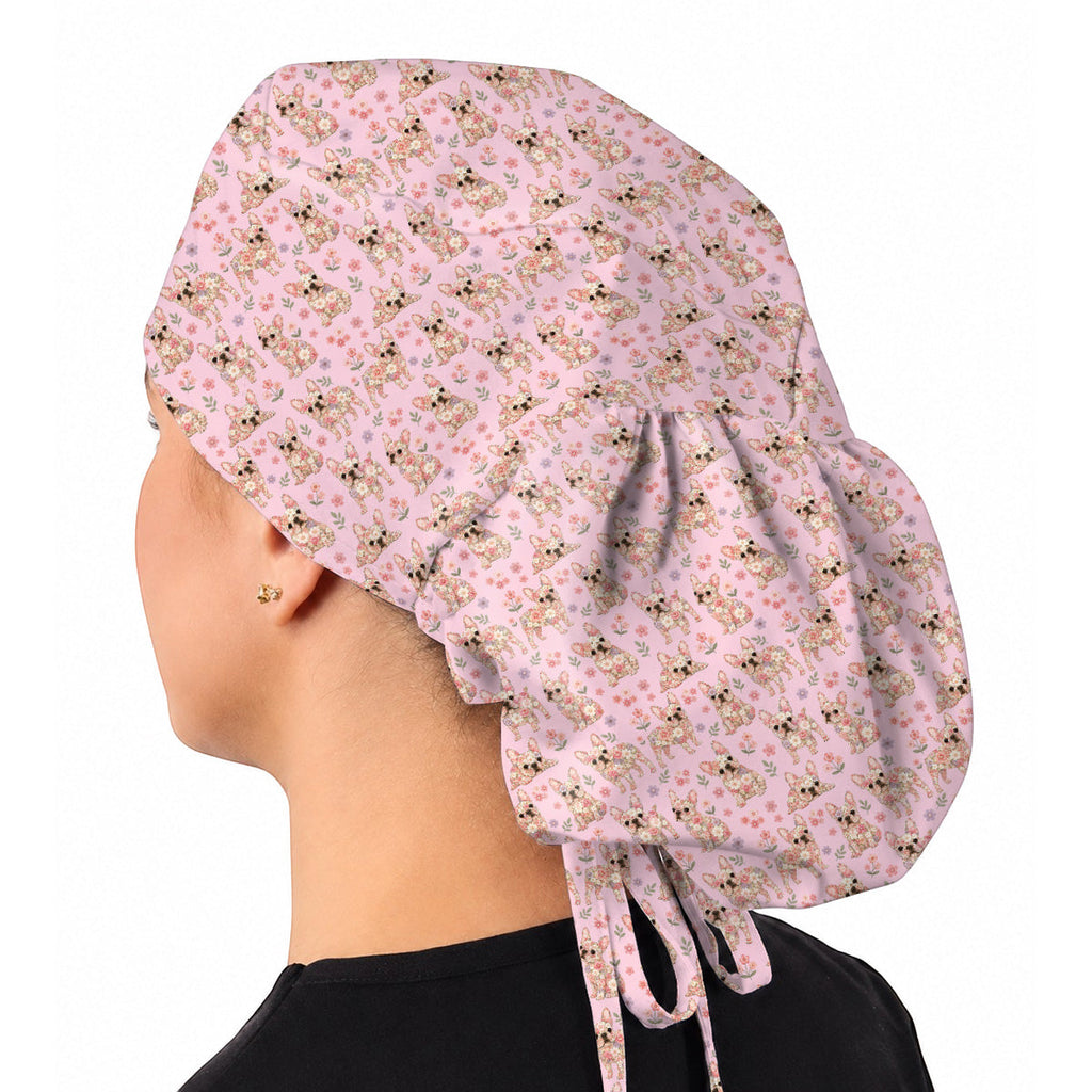 Floral French Bulldog Nurse Scrub Cap, Cute Frenchie Flower Pattern Scrubs for Nurses, Dog Lover Healthcare Gift