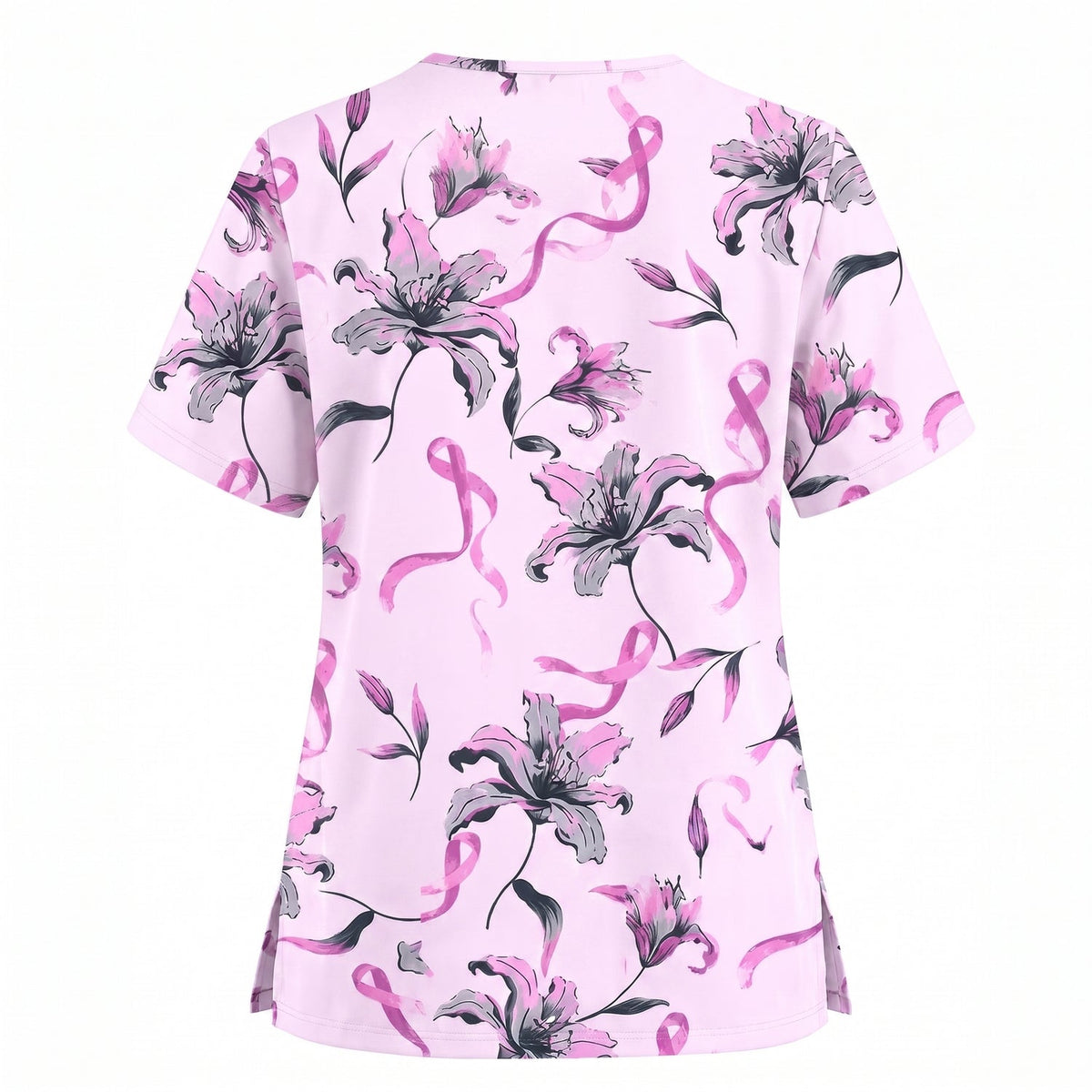 Breast Cancer Awareness Scrub Top for Women, Pink Ribbon Lily Floral Nursing Uniform, Support Breast Cancer Warrior Gift