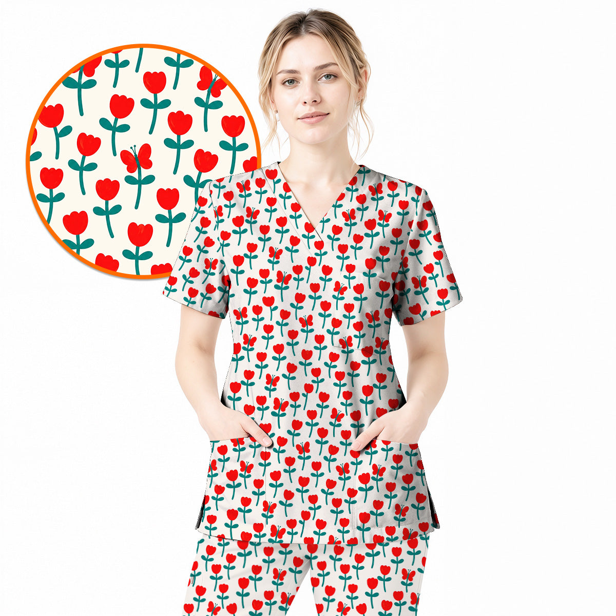 Playful Tulip Scrub Top, Colorful Tulip Butterfly Nurse Scrubs Uniform, Spring Floral Gift For Nurses