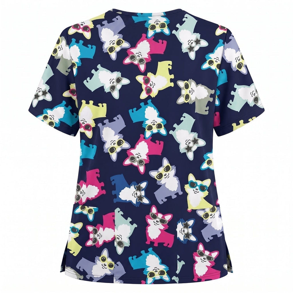 Funny Dog Print Scrub Top, Cute Puppy Pattern Nursing Uniform, Breathable Medical Scrubs for Women