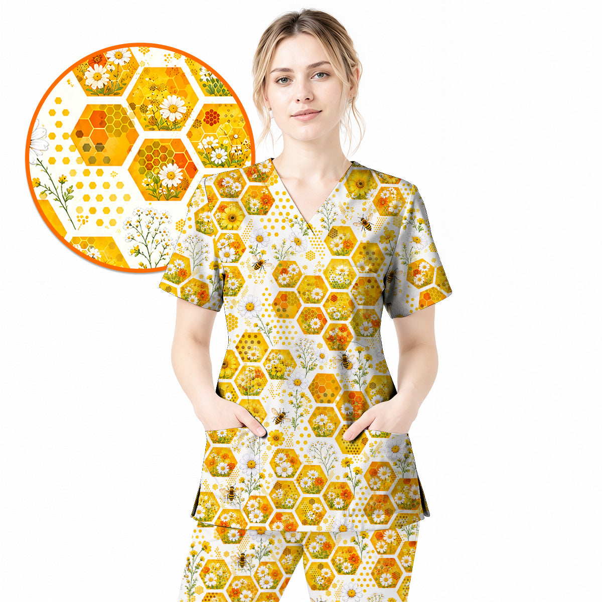 Honey Bee Daisy Scrub Top, Honeycomb Floral Nurse Shirt, Cute Bee Healthcare Uniform