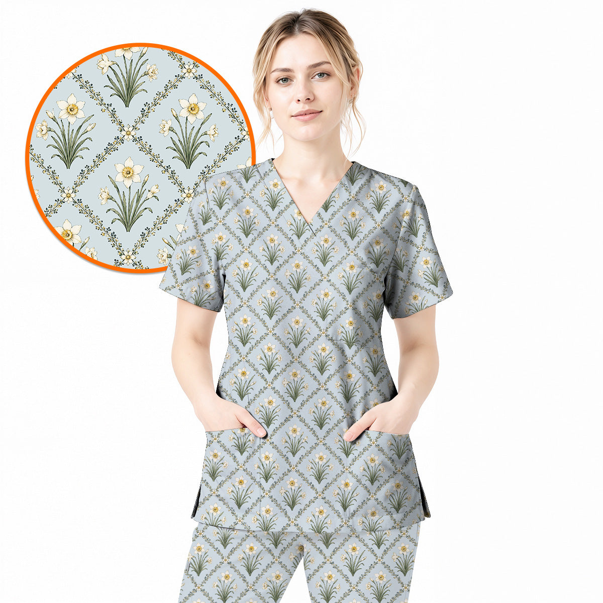 Elegant Daffodil Scrub Top, Vintage Daffodil Floral Nurse Scrubs Uniform, Spring Flower Gift For Nurses (Copy)