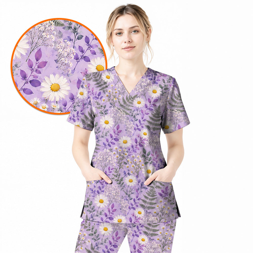 Purple Daisy Floral Scrub Top, Lavender Botanical Nurse Shirt, Wildflower Healthcare Uniform