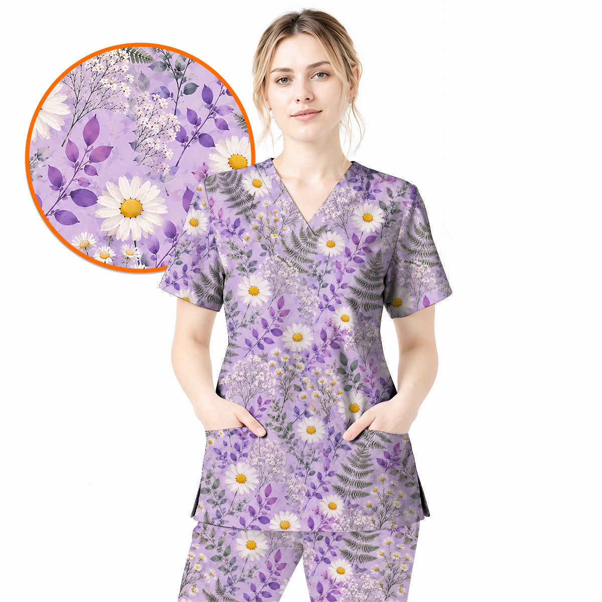 Purple Daisy Floral Scrub Top, Lavender Botanical Nurse Shirt, Wildflower Healthcare Uniform