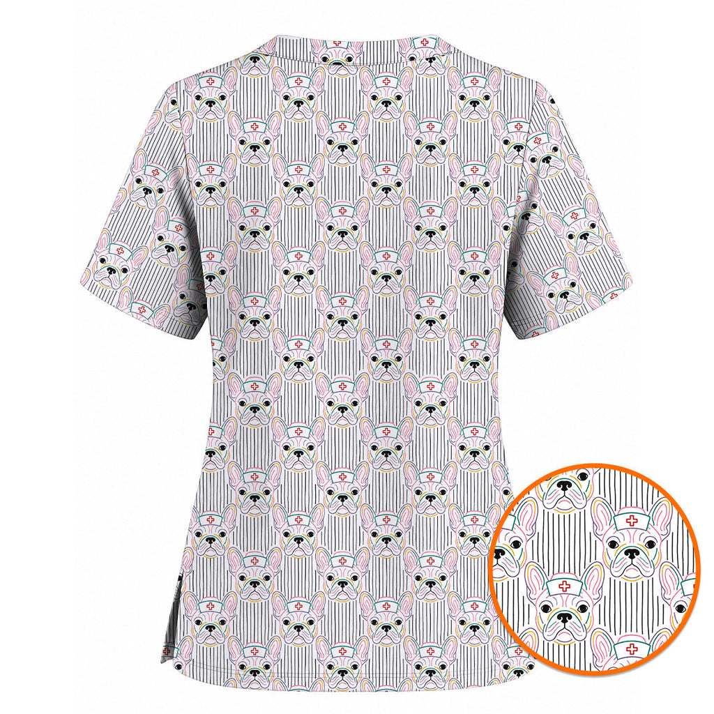 French Bulldog Nurse Scrub Top, Cute Frenchie Medical Pattern Scrubs, Dog Lover Gift for Nurses & Healthcare Workers