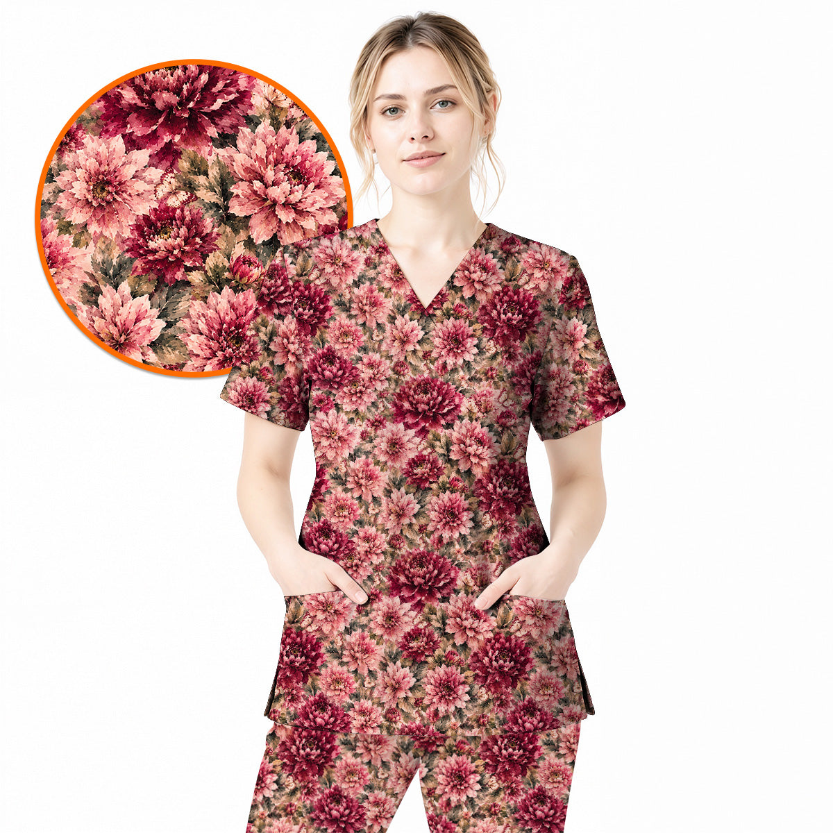 Dahlia Floral Scrub Top, Vintage Dahlia Flower Print Scrubs, Botanical Nurse Uniform