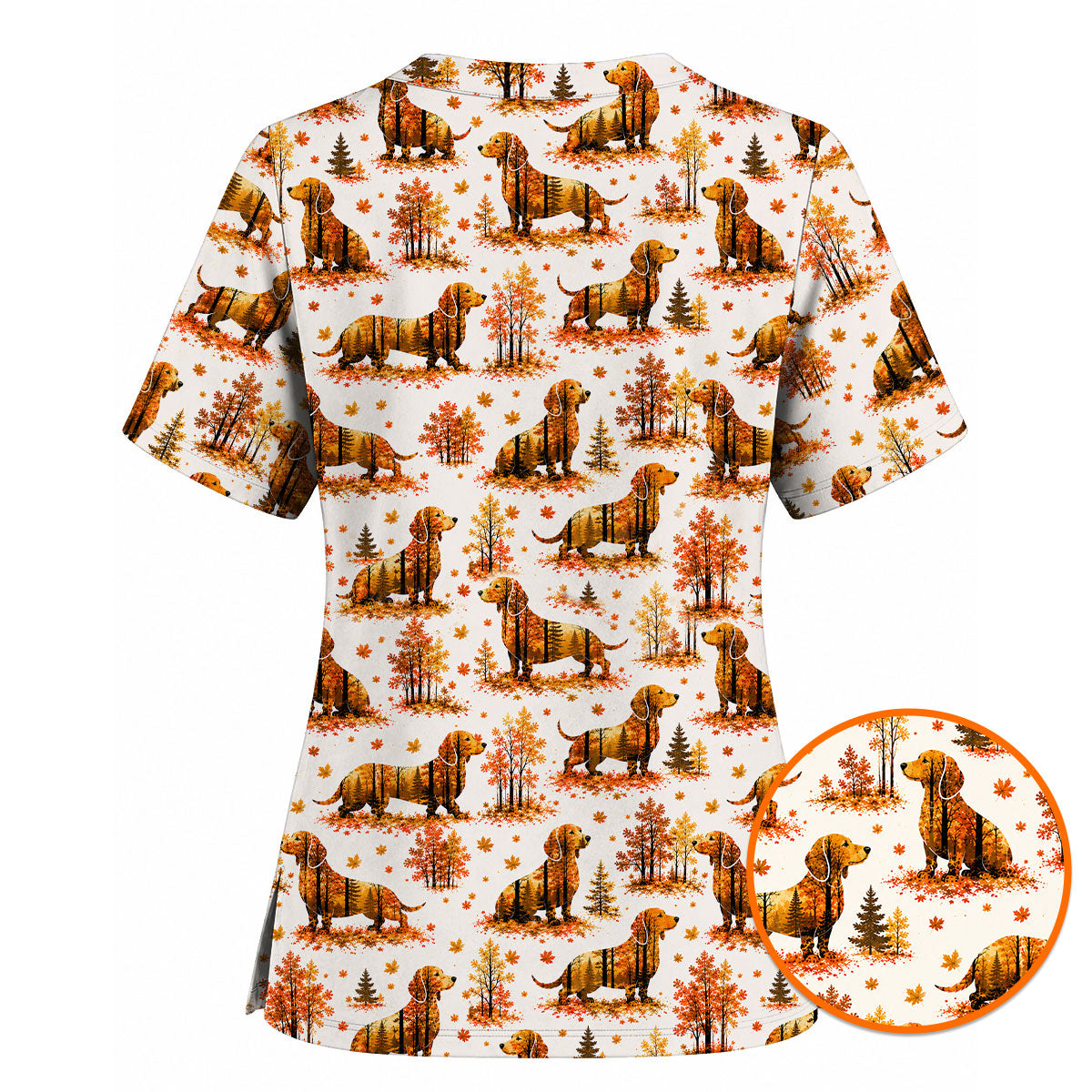 Autumn Dachshund Scrub Top, Fall Wiener Dog Nursing Uniform for Healthcare Workers, Cute Dachshund Nurse Scrubs for Dog Lovers