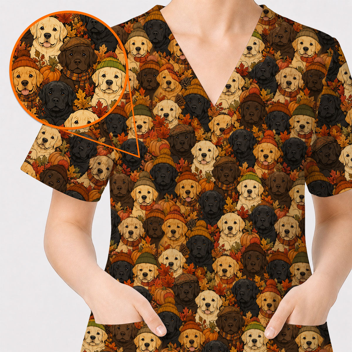 Autumn Labrador Scrub Top, Fall Labrador Retriever Nursing Uniform for Dog Lovers, Cozy Nurse Scrubs with Labrador Pattern