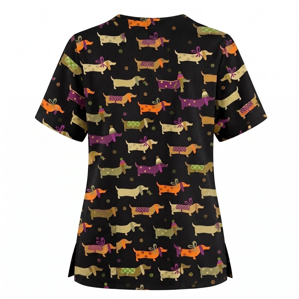 Funny Dachshund Pattern Scrub Top, Wiener Dog Nursing Scrub for Women, Breathable Veterinary Medical Uniform