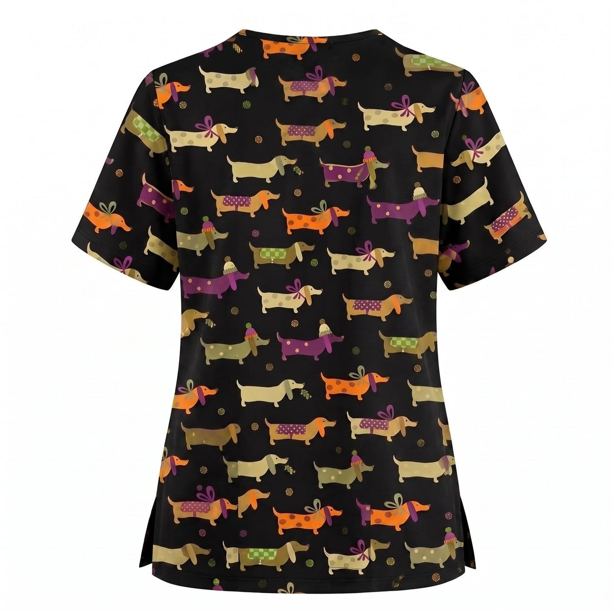 Funny Dachshund Pattern Scrub Top, Wiener Dog Nursing Scrub for Women, Breathable Veterinary Medical Uniform