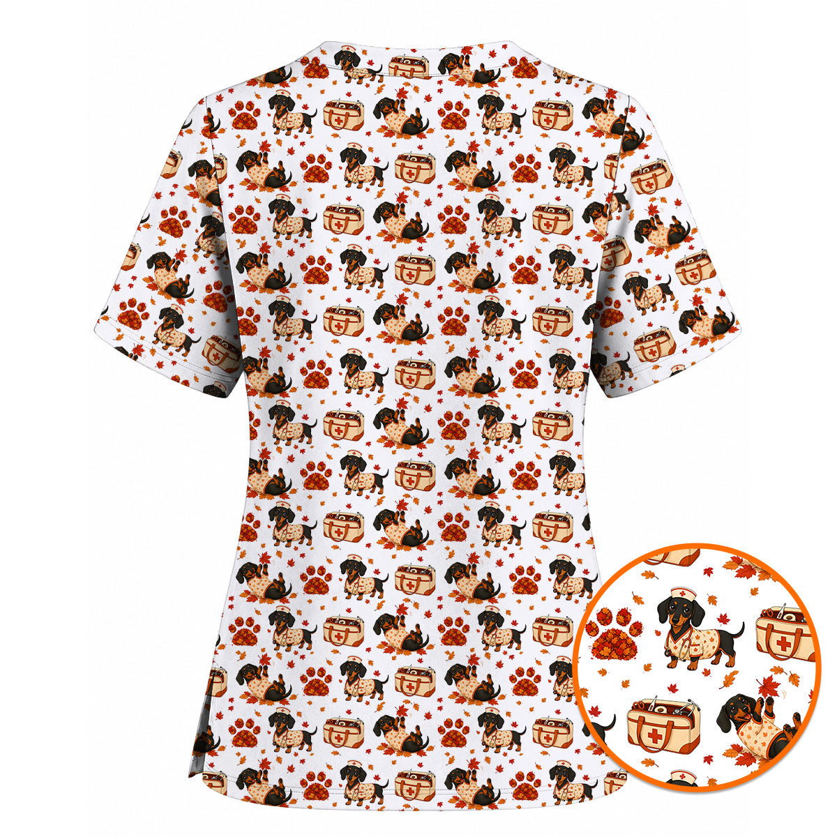 Fall Dachshund Scrub Top, Autumn Wiener Dog Nurse Uniform for Veterinary Professionals, Breathable Fabrics Nursing Scrubs for Dog Lovers