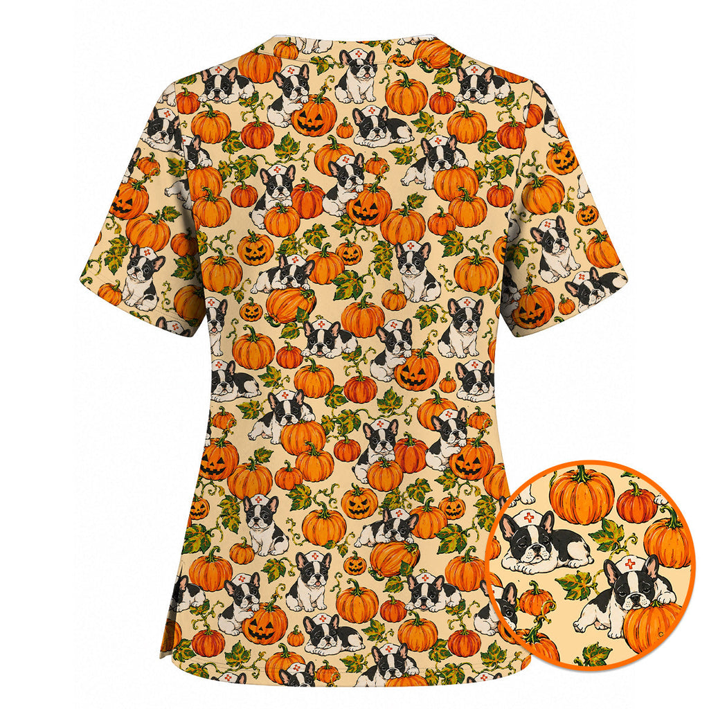 French Bulldog Halloween Nurse Scrub Top, Pumpkin Frenchie Pattern Scrubs, Cute Fall Dog Scrub Shirt for Nurses