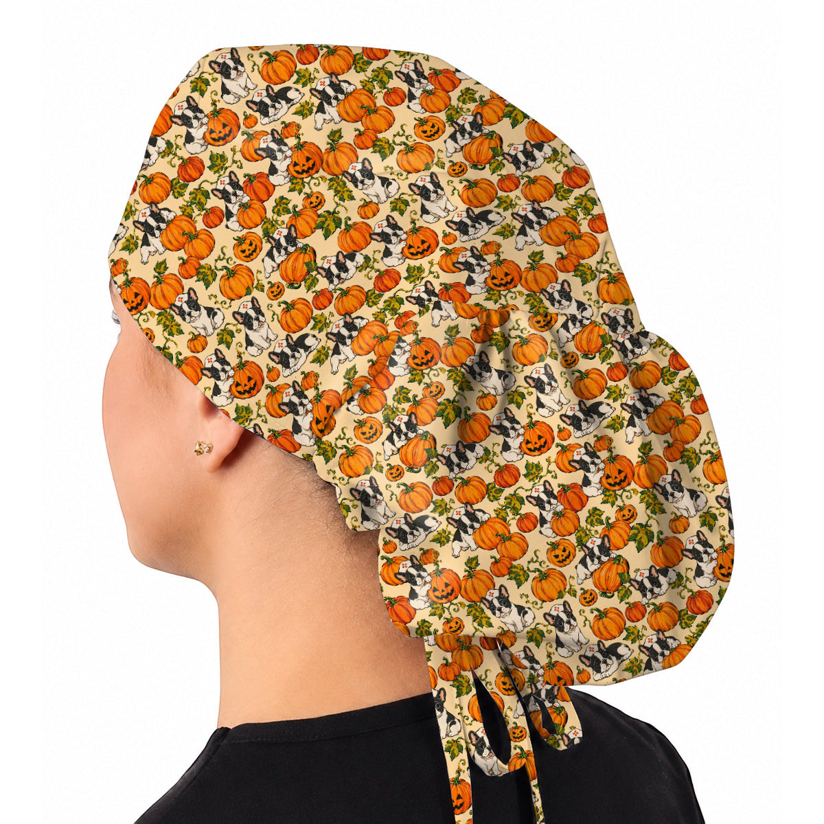 French Bulldog Halloween Nurse Scrub Cap, Pumpkin Frenchie Pattern Scrubs, Cute Fall Dog Scrub Shirt for Nurses