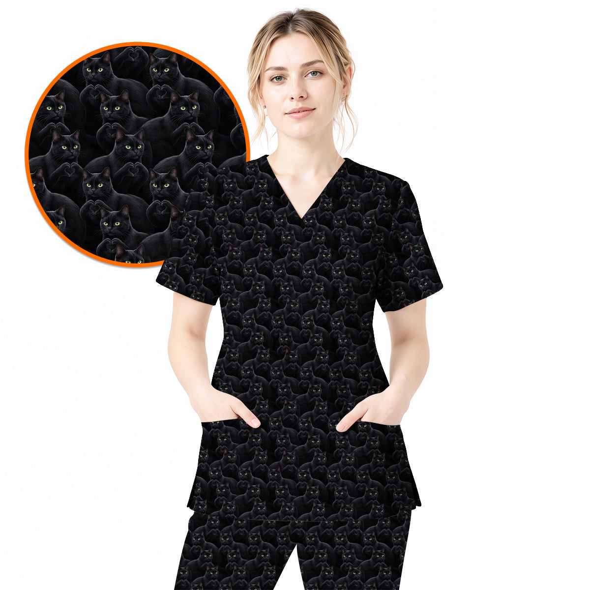 Black Cat Scrub Top for Cat Lovers, Cute Black Cat Nursing Uniform, Comfortable Feline Medical Scrubs For Nurse