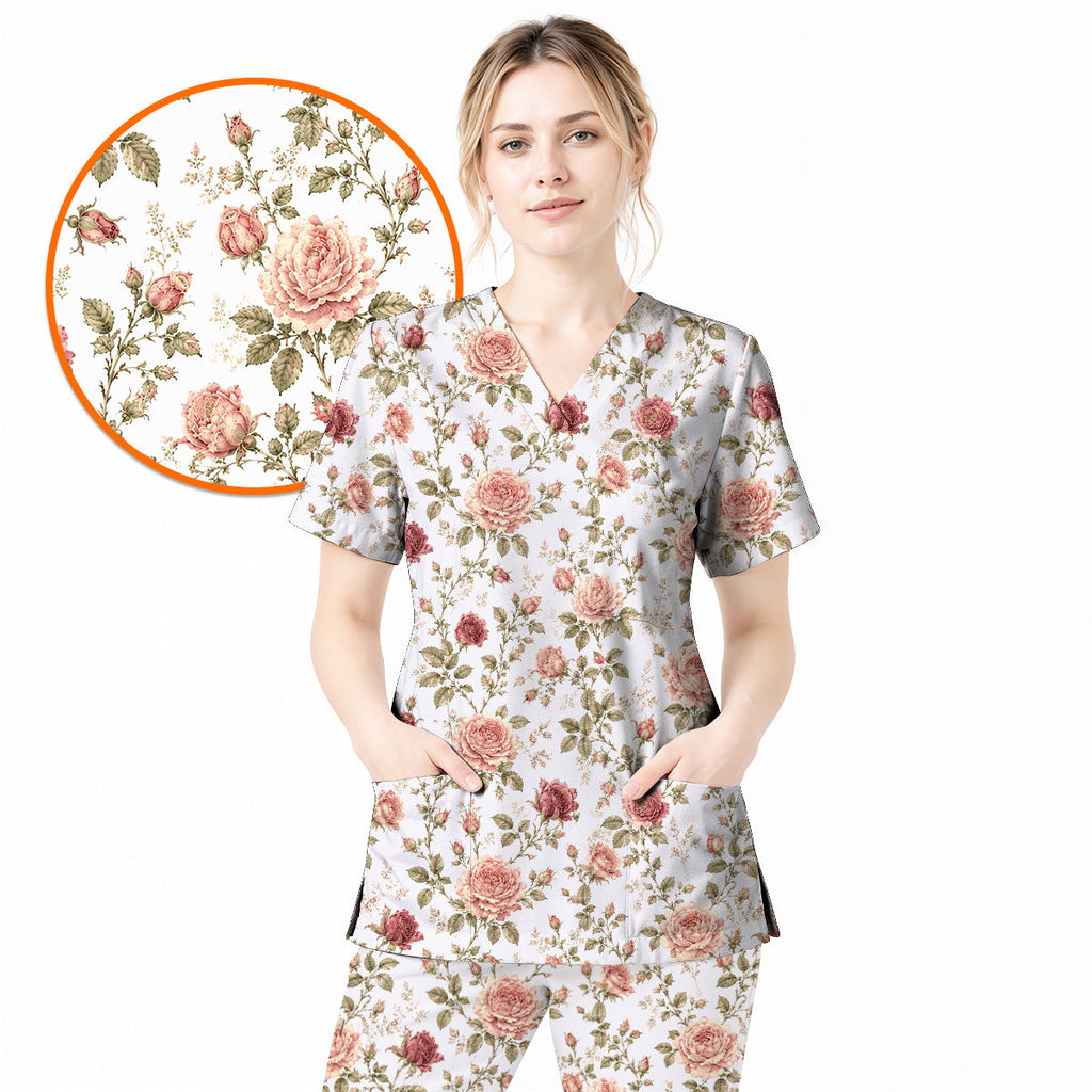 Vintage Rose Scrub Top, Romantic Rose Floral Nurse Scrubs Uniform, Cottagecore Flower Gift For Nurses