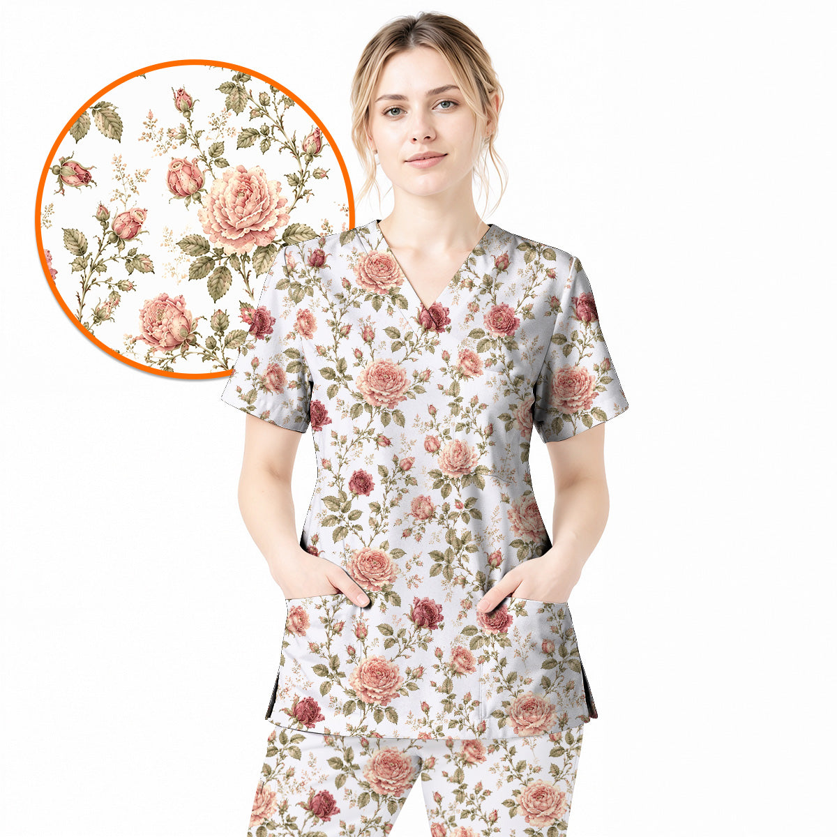 Vintage Rose Scrub Top, Romantic Rose Floral Nurse Scrubs Uniform, Cottagecore Flower Gift For Nurses