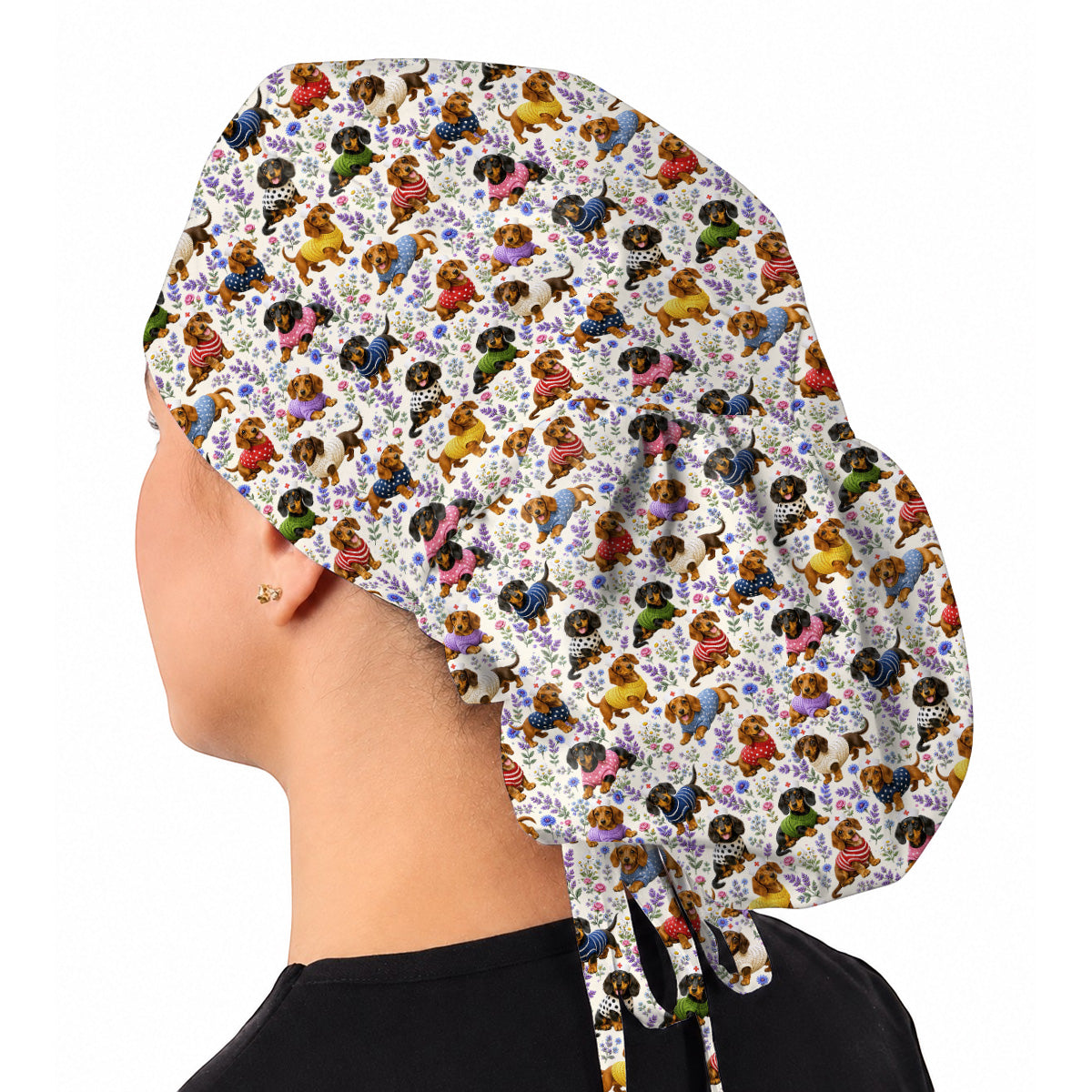 Dachshund Floral Nurse Scrub Cap, Cute Wiener Dog Pattern Scrubs for Nurses, Dog Lover Healthcare Gift