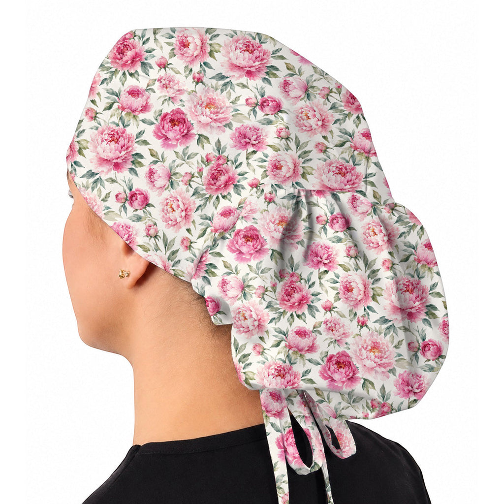 Pink Peony Garden Scrub Cap, Watercolor Peony Floral Print Scrubs, Romantic Botanical Nurse Caps