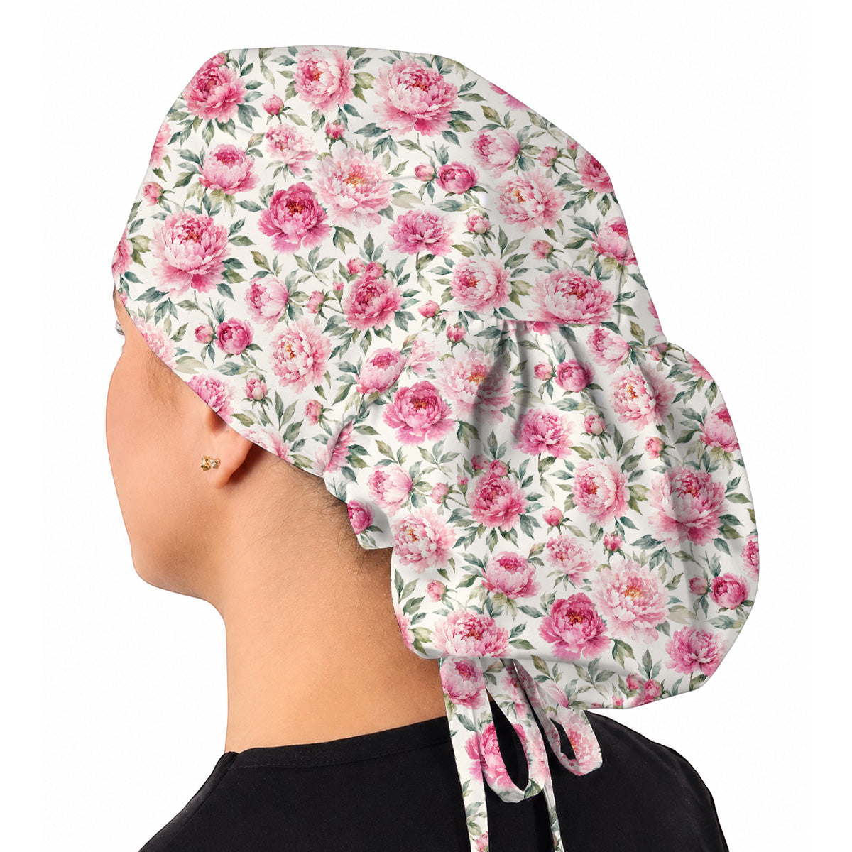 Pink Peony Garden Scrub Cap, Watercolor Peony Floral Print Scrubs, Romantic Botanical Nurse Caps