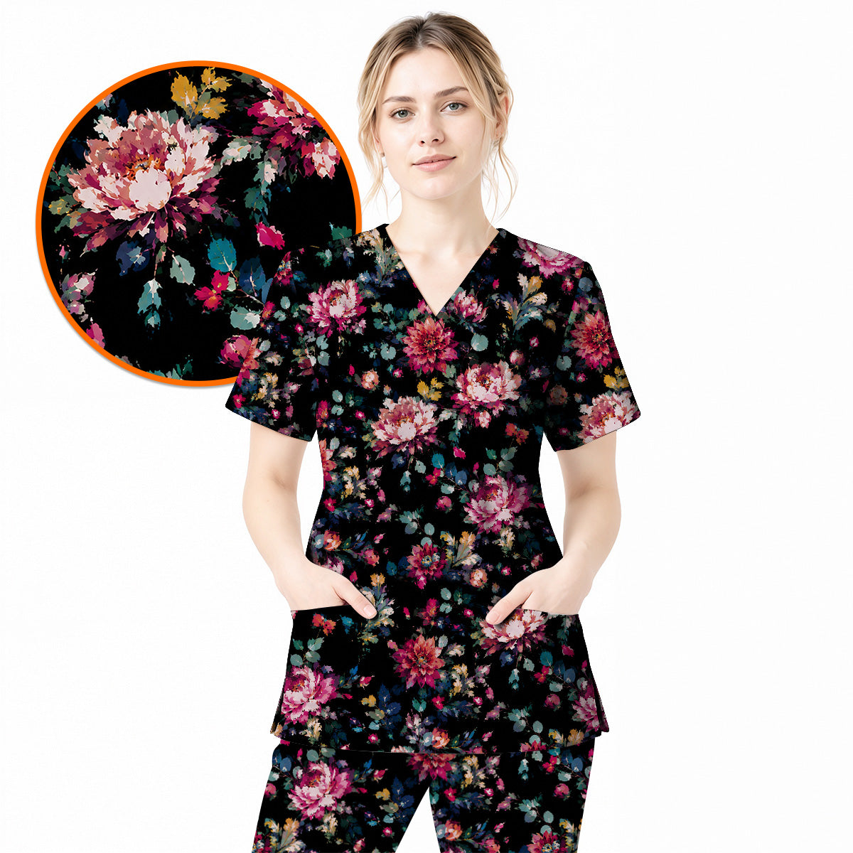 Dark Floral Scrub Top, Vintage Peony Nurse Shirt, Elegant Botanical Healthcare Uniform