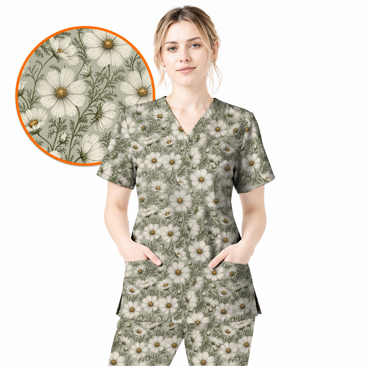 Cosmos Floral Scrub Top, Vintage Cosmos Flower Print Scrubs, Botanical Nurse Uniform