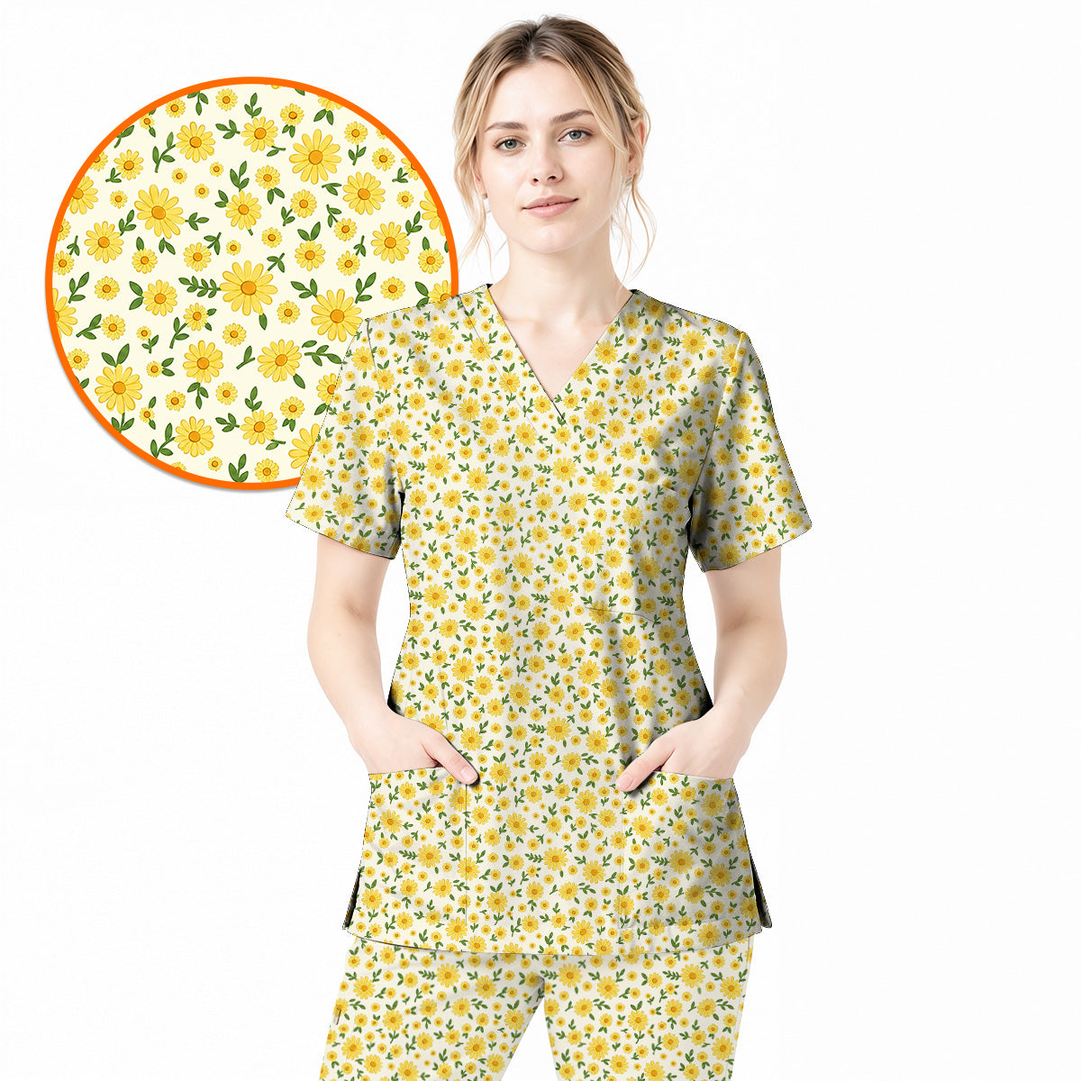 Yellow Daisy Garden Scrub Top, Cheerful Daisy Floral Print Scrubs, Spring Nurse Medical Uniform