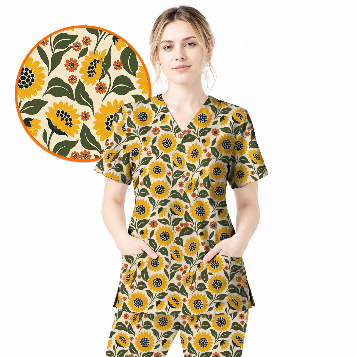 Retro Sunflower Scrub Top, Vintage Sunflower Floral Nurse Scrubs Uniform, Cheerful Flower Gift For Nurses